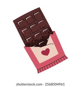 Chocolate in open wrapper in flat cartoon style. Candy on white background. Vector illustration for Valentine's day for cards, stickers, banners, etc.