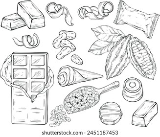 Chocolate outline set. Hand drawn candy, Cocoa Beans, Chips, and Chocolate Bar. Vector illustration.