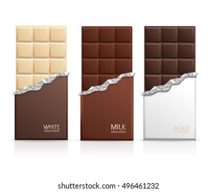 Bar en blanco - Leche, blanco y negro. Ilustración vectorial de tres chocolates en blanco con paquete de papel abierto