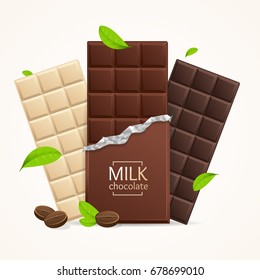 Chocolate Package Bar Blank - Milk, White and Dark. Vector 3d illustration of Three Chocolates with Open Paper Pack and Mint Leaf.