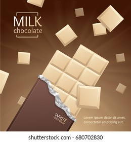Chocolate Package Bar Blank - White Milk, Pieces on Brown background and Mint Feaf. Vector 3d illustration with Open Paper Pack.