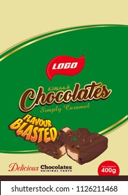 Chocolate. Package. Design Concept. Blocks Of Chocolate On Background.  Hazelnut,  Milk, Raisins Taste. Tasty Stylish Letter Flavor Blasted