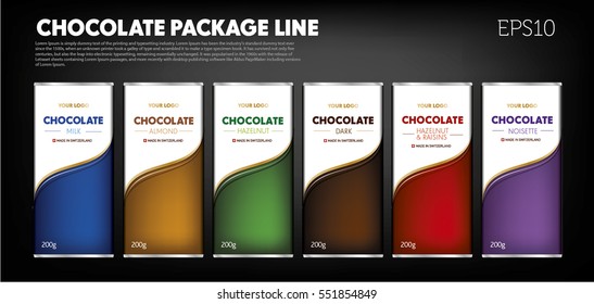 Linha de pacote de chocolate, sabor diferente, exclusivo, código de cor