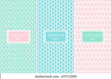 Chocolate Package set template vector. Collection of seamless patterns for gentle pastel label design. Tag for eco cocoa products, organic sweet desserts, cafe and handmade candy shop.