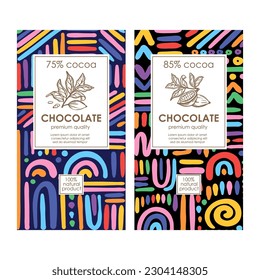 CHOCOLATE PACKAGING Abstract Bright Color Organic Background Design In African Style And Vintage Labels With Hand Drawn Cocoa Beans Vector Illustration Set