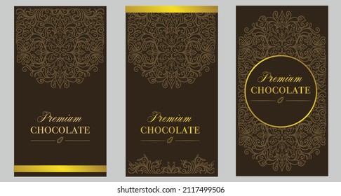 chocolate packaging design with gold elements classic european ornament pattern. European royal style elegant packaging design. vectors.