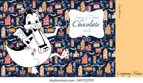 Chocolate packaging design. Happy dragon on background of winter town. Vector illustration. 