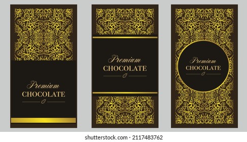 Diseño de empaquetado de chocolate con elementos modernos de diseño islámico. Diseño elegante de empaque de estilo real europeo. vectores.