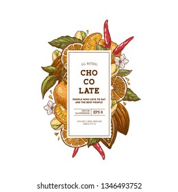 Chocolate packaging design template. Engraved style illustration. Tangerine, pepper, cocoa, chocolate, pistachio. Vector illustration