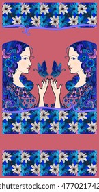 Chocolate packaging design. Two beautiful girl with butterflies and pattern of daisies - 2.