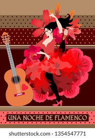 Chocolate packaging design. Young spanish dancer and guitar on decorative polka dot background. Flamenco night (spanish text).