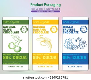 Chocolate packaging, chocolate Label, olive pack, Choco banana pack, mixed flavor chocolate, Free vector packaging, Taste chocolate, Cocolate Bar, Coco bar vector 