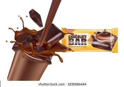 Chocolate packaging mock up and liquid splashing in the middle isolated on white background, Vector realistic in 3d illustration.