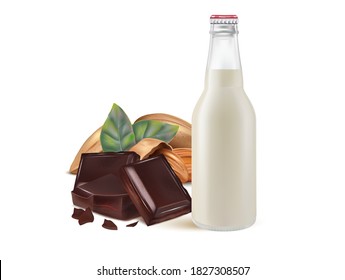 Chocolate y envasado se burlan en el medio aislado sobre fondo blanco, Vector realista en ilustración 3d.