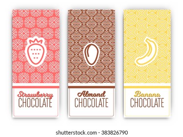 Chocolate Packaging Set - Collection of vertical designs of strawberry, almond, and banana flavoured chocolate bars - mono line style pattern and icon designs