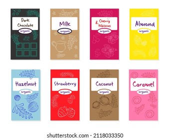Chocolate packaging set, template with pattern in doodle style, labels for packaging, packaging of chocolate bars with modern bright doodles. Rectangular frame, Collection of editable packaging