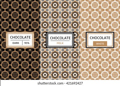 Chocolate Packaging Set - vector set of design elements and pattern for chocolate packaging. Label pattern for organic and handmade package. Pattern for products, desserts, cafe and candy shop.