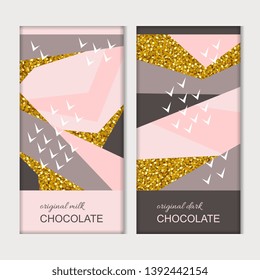 Chocolate packaging. Trendy luxury template with creative pattern with golden elements. Vector design.