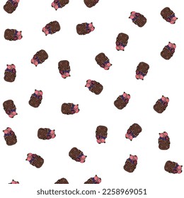 chocolate pancakes with strawberries hand drawn. seamless pattern on a white background