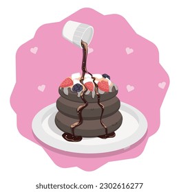 Chocolate pancakes with syrup and fresh berries. Pancake street food, takeaway food, breakfast, fast food. Cartoon vector illustration. Graphic design of cliparts for the Internet, printing, banners.