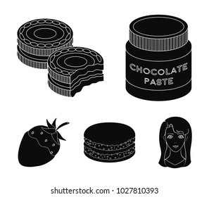 Chocolate pasta, biscuit, strawberry in chocolate, hamburger. Chocolate desserts set collection icons in black style vector symbol stock illustration web.