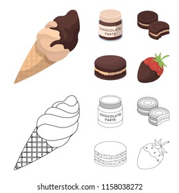 Chocolate pasta, biscuit, strawberry in chocolate, hamburger. Chocolate desserts set collection icons in cartoon,outline style vector symbol stock illustration web.
