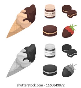 Chocolate pasta, biscuit, strawberry in chocolate, hamburger. Chocolate desserts set collection icons in cartoon,monochrome style vector symbol stock illustration web.