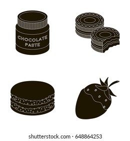 Chocolate pasta, biscuit, strawberry in chocolate, hamburger. Chocolate desserts set collection icons in black style vector symbol stock illustration web.