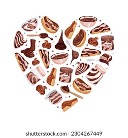 Chocolate Paste Heart Shaped Design with Sweet Cacao Dessert Vector Template