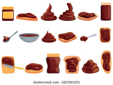 Chocolate paste icons set. Cartoon set of chocolate paste vector icons for web design