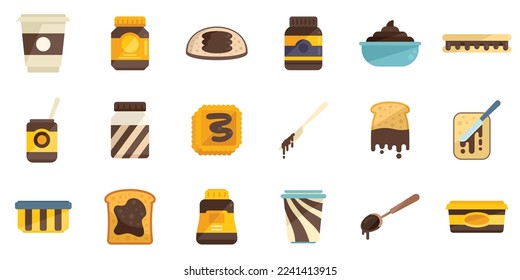 Chocolate paste icons set flat vector. Jar bottle. Chocolate paste isolated