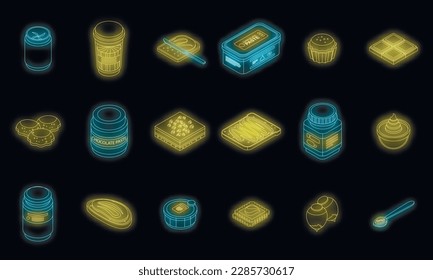 Chocolate paste icons set. Isometric set of chocolate paste vector icons neon color on black