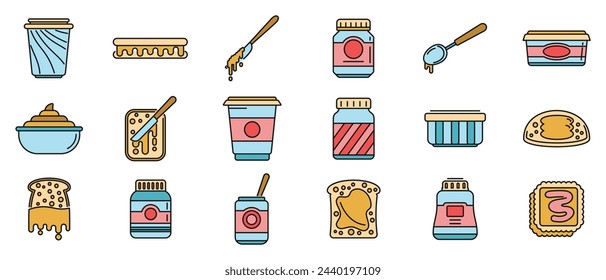 Chocolate paste icons set outline vector. Jar bottle. Chocolate paste thin line color flat isolated