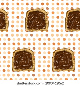 Chocolate paste toast vector pattern on the dotted pattern. Morning chocolate spread on the slice of bread. Cartoon style, bright wallpaper. Wrapping paper. Breakfast pattern. Orange, brown dots, spot