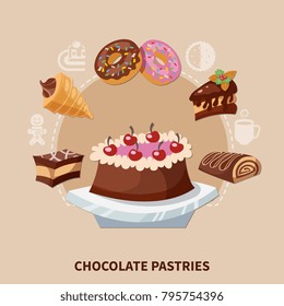 Chocolate pastries round composition with cake, swiss roll, donuts on beige background flat vector illustration