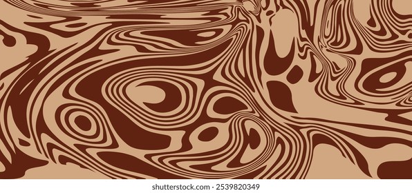 Chocolate pattern background. Abstract melting caramel cacao texture. Vector cream milk coffee swirl. Liquid choco peanut twirl bg. Psychedelic distorted trippy cocoa lines. Marble cake illustration