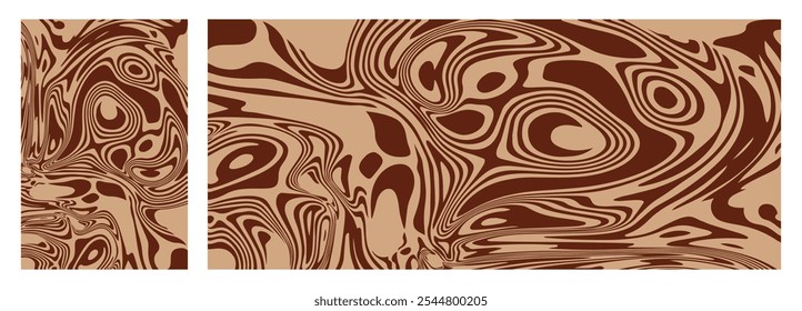 Planos de fundo de padrões de chocolate. Cerimônia de cacau xamânica abstrata bg. Espiral de café com leite creme vetorial. Vertical e horizontal líquido chocolate amendoim bg. Bandeiras de cacau de caramelo de fusão psicodélica distorcida