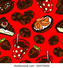 Chocolate pattern: sweets, pastry, candy, cookies, hot chocolate mug, slice of cake and chocolate covered strawberries. Seamless vector pattern (background).