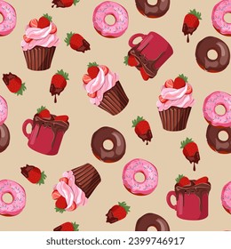Chocolate pattern: sweets, pastry, donut, cookies, hot chocolate mug and chocolate covered strawberries. Seamless vector pattern for decoration textile, packaging.