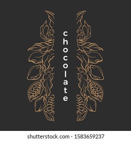 Chocolate pattern. Vector graphic frame. Nature illustration on black background. Cacao tree, branch, bean, raw fruit. Elegant label, vintage package. Art line design. Hand drawn style 