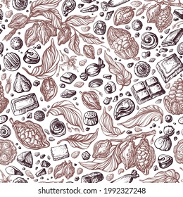 Chocolate pattern. Vector graphic seamless print on white background. Cocoa fruit, bean, candy, sweets in vintage style. Art sketch wallpaper. Aroma natural product