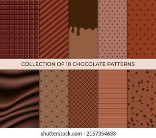 Chocolate patterns. Set of bright food cards. Set of chocolate and choco glaze. Chocolate glaze pattern background. Vector illustration