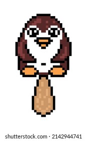 Chocolate penguin shape ice cream on a stick, cute pixel art wildlife animal character isolated on white background. Old school retro 80s, 90s 8 bit slot machine, computer, video game graphics.