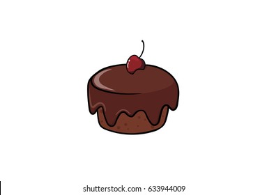 Chocolate pie with cherry pop art cartoon style. Hand drawn isolated on white background.