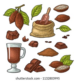 Chocolate piece, bar, shave. Fruits of cocoa with leaves and beans. Vector vintage color engraving illustration. Isolated on white background. Hand drawn design element for label and poster