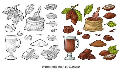 Chocolate piece, bar, shave. Fruits of cocoa with leaves and beans. Vector vintage black and color engraving illustration. Isolated on white background. Hand drawn design element for label and poster