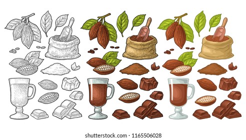 Chocolate piece, bar, shave. Fruits of cocoa with leaves and beans. Vector vintage black and color engraving and flat illustration. Isolated on white background. Hand drawn design element for label