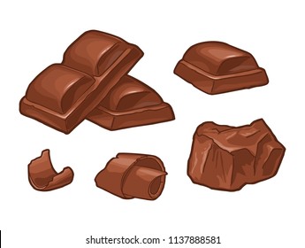 Chocolate piece, bar and shave. Vector vintage color illustration. Isolated on white background. Hand drawn design element for label and poster