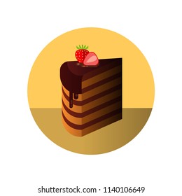 Chocolate piece of cake with strawberries in flat style.