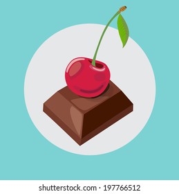 chocolate piece with cherry fruit on top flat design
